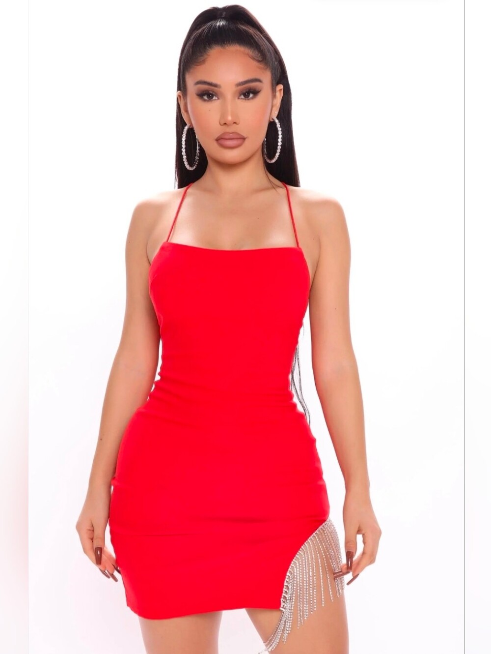 Fashion Nova Red Rhinestone-Trim Spaghetti Strap Mini Dress